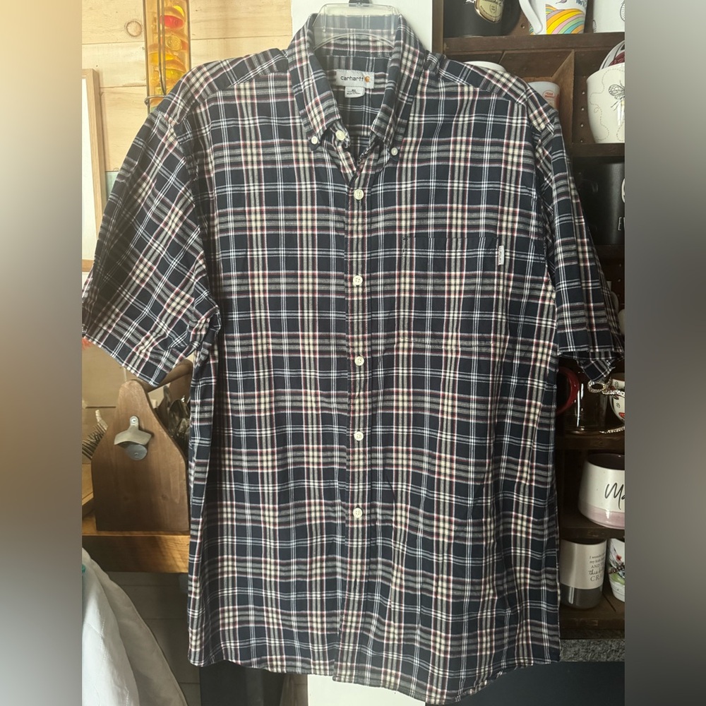 Carhartt mens button up shirt size XL navy plaid cotton
